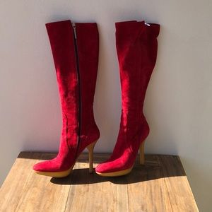 Red suede over the knee boots